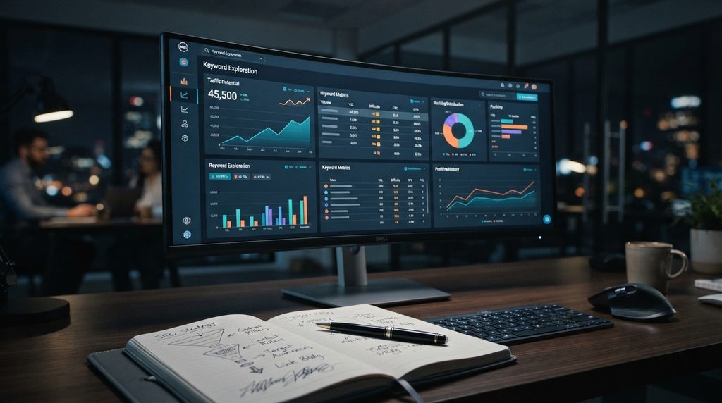 SEO keyword research dashboard with keyword metrics and SERP data.