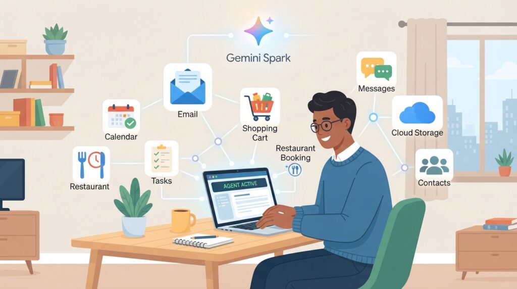 Gemini Spark Rollout 2026: Who Has Access Right Now Illustration of an AI agent coordinating tasks across connected apps