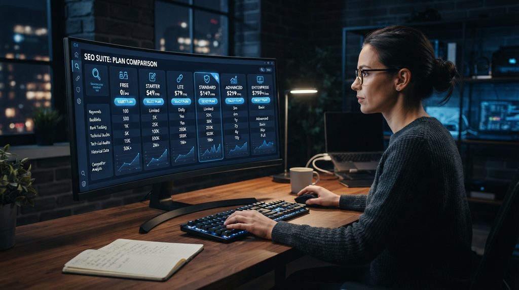 Ahrefs pricing plans comparison dashboard with SEO tools and data