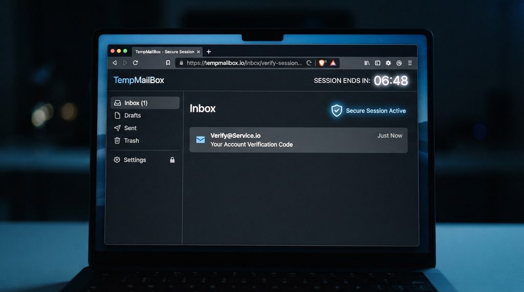 Temporary inbox receiving an email verification message.