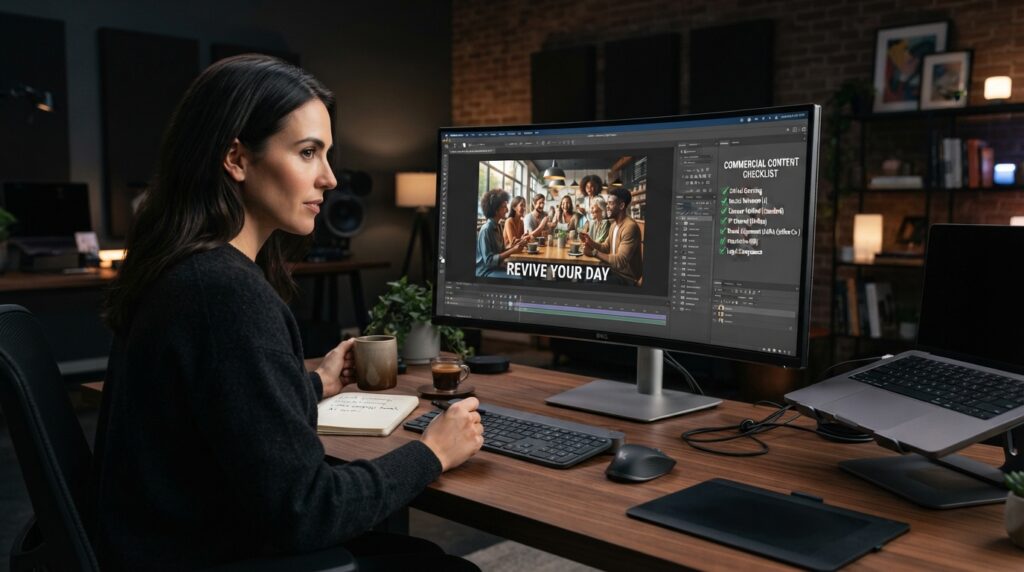 Adobe Firefly Pricing and Free Credits: Plans, Limits, and Commercial Use Reviewing an AI-generated image for commercial use.