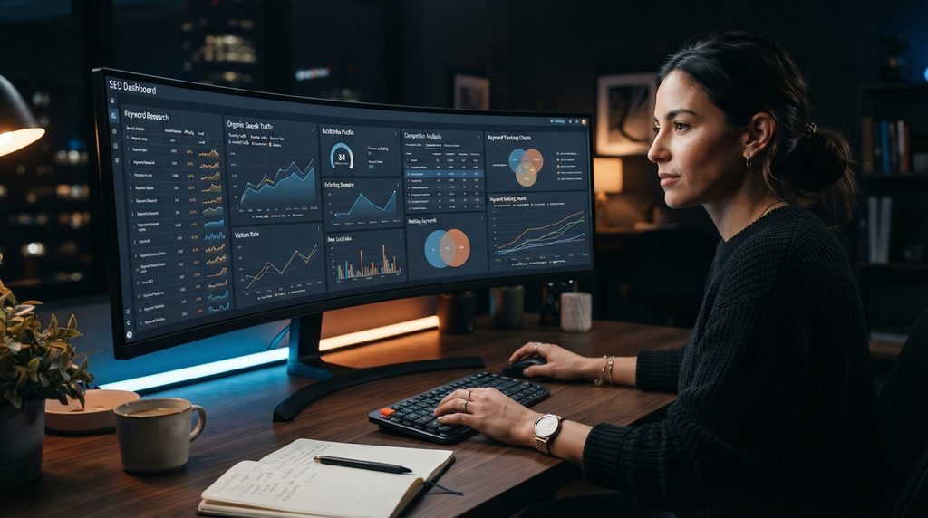 SEO analyst researching keywords and backlinks on an SEO dashboard.