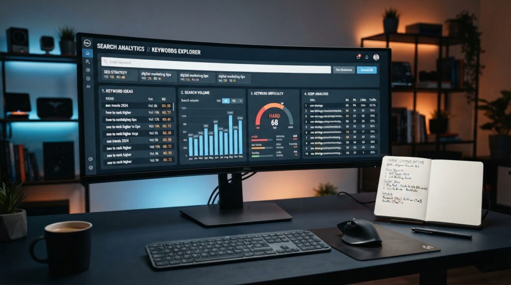 How to Use Ahrefs for Keyword Research and Content Planning SEO keyword research dashboard with keyword metrics and SERP data.