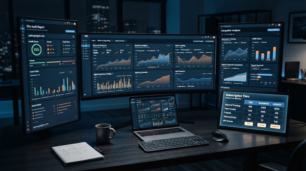 SEO research workspace showing keyword, backlink, and site audit data