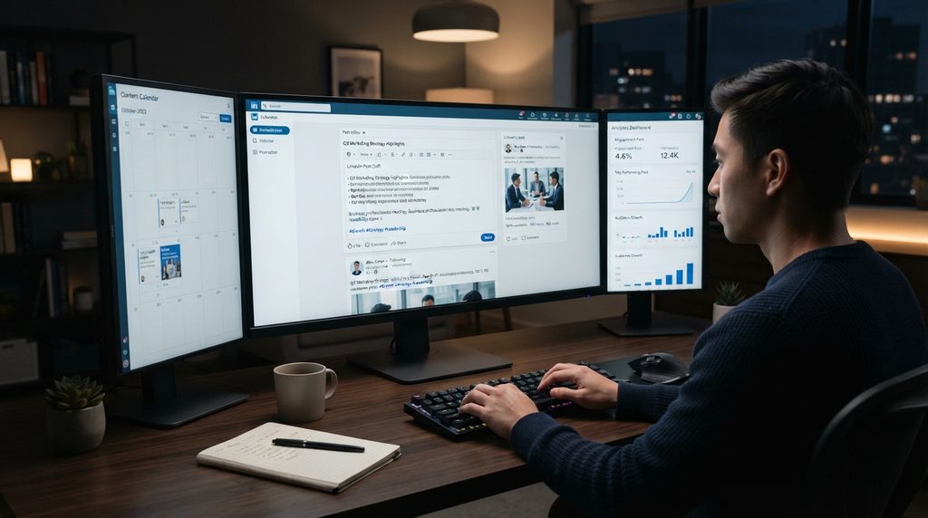 LinkedIn content editor and analytics workspace representing AuthoredUp.
