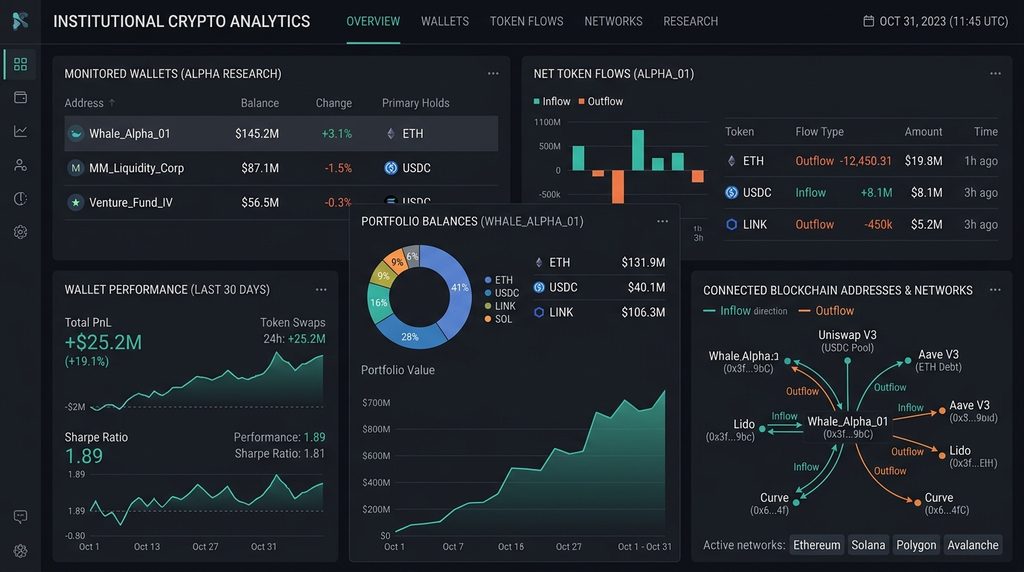 Smart Money dashboard showing crypto wallet activity and token flows.
