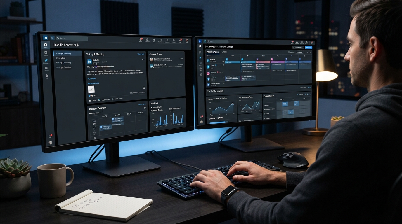 Comparison of LinkedIn-focused and multi-platform content management workflows.