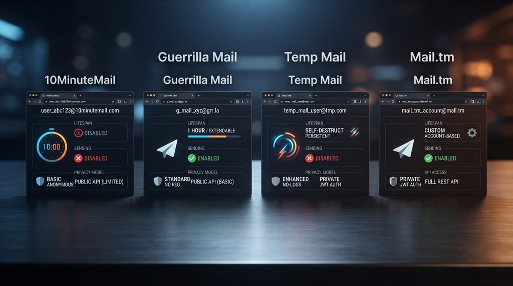 Features compared across popular temporary email services.