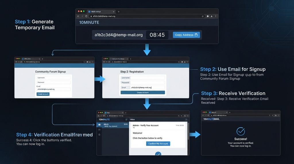 Step-by-step temporary email verification process.