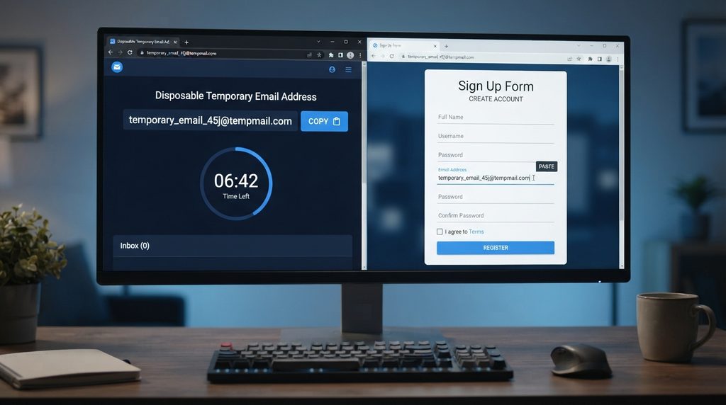 Temporary email address displayed beside an online registration form.