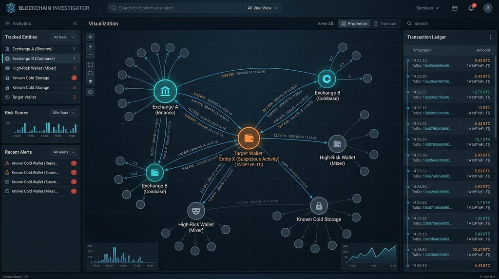 Blockchain wallet network showing entity connections and transaction flows.