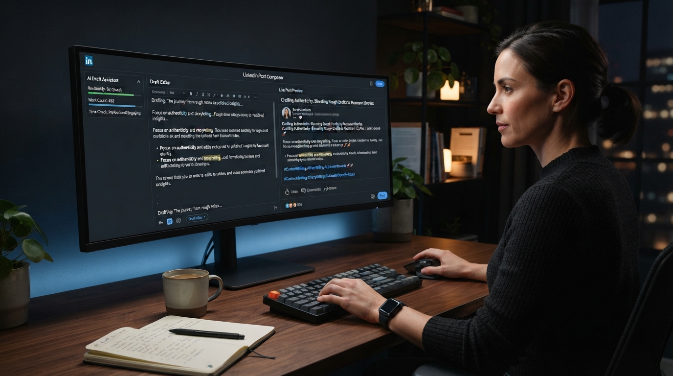 Writer editing a LinkedIn post in an AuthoredUp-style content editor.