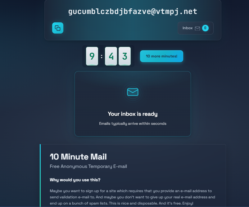 10MinuteMail temporary email service