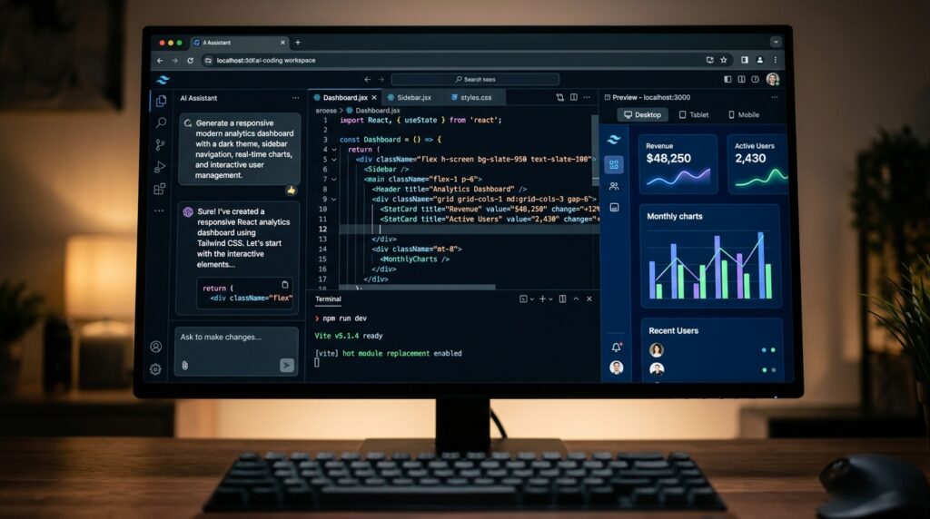 What Is Bolt.new? Features, Coding Workflow, and Best Uses AI coding workspace showing Bolt.new-style app development in a browser