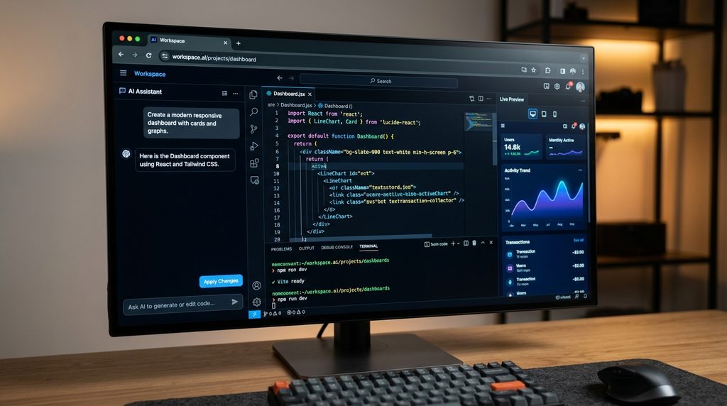 AI coding workspace showing Bolt.new-style app development in a browser