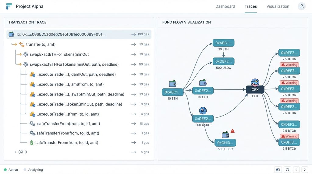 Split view of a transaction call trace beside a fund-flow graph of wallet addresses