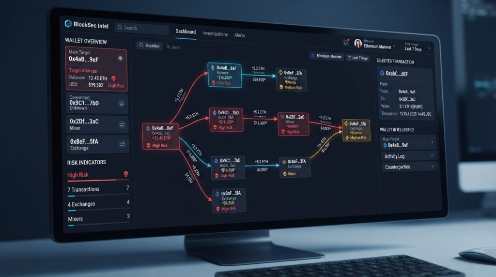 BlockSec Data Explained: Prices, Charts, Metrics, and Alerts Blockchain analytics dashboard showing wallet data, transaction values, and risk indicators
