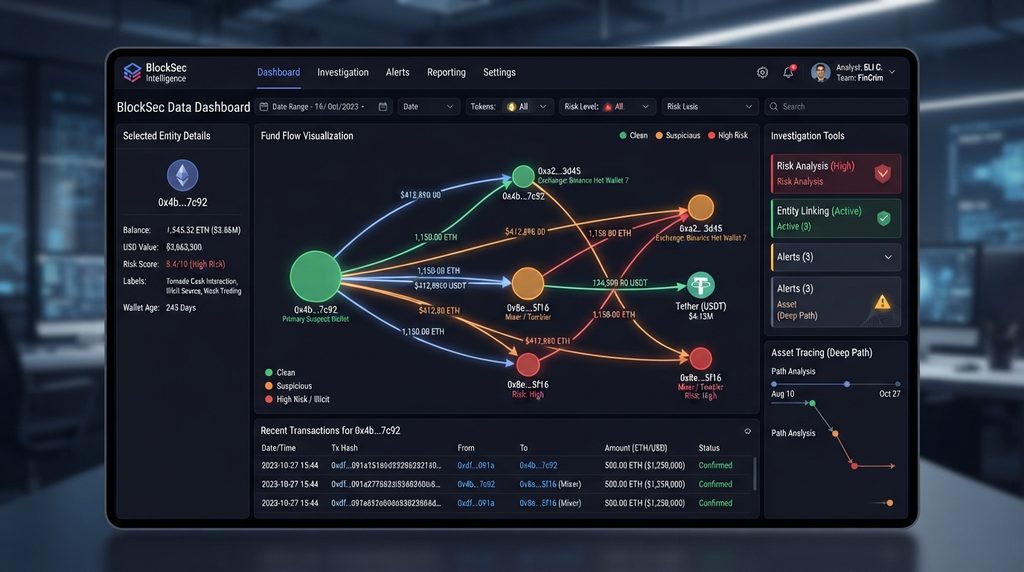 Blockchain analytics dashboard showing wallet data, transaction values, and risk indicators