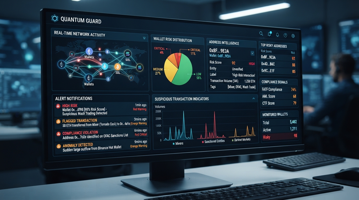 Blockchain security dashboard displaying wallet risks and alerts
