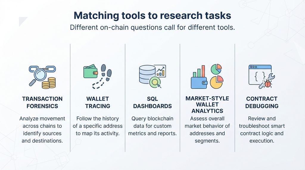 Five-column graphic comparing crypto research tools by job type