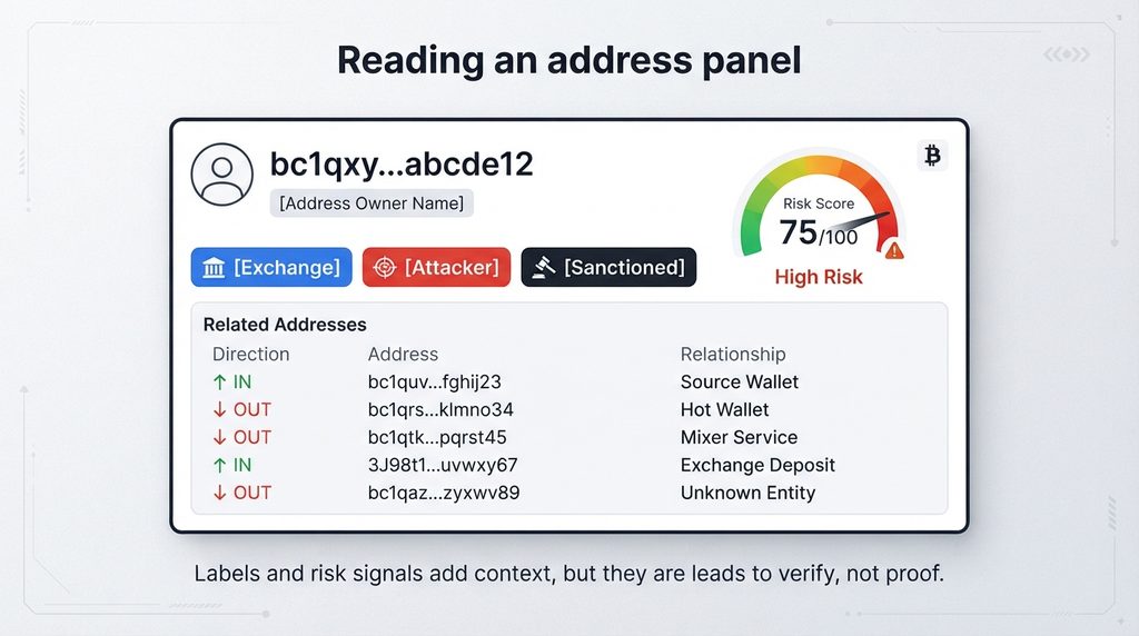 Address panel with labels, a risk score gauge and related address list