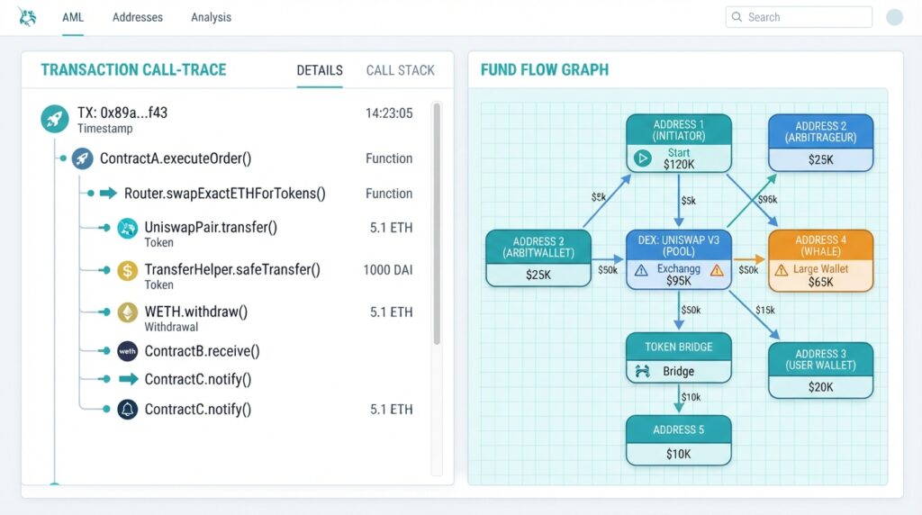 How to Use BlockSec for Crypto Research, Charts, or On-Chain Data Split view of a transaction call trace beside a fund-flow graph of wallet addresses